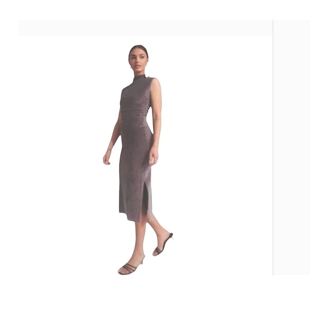 Callahan Reina Midi Dress Grey Velvet Mock Neck Sleeveless Ruched Size Small